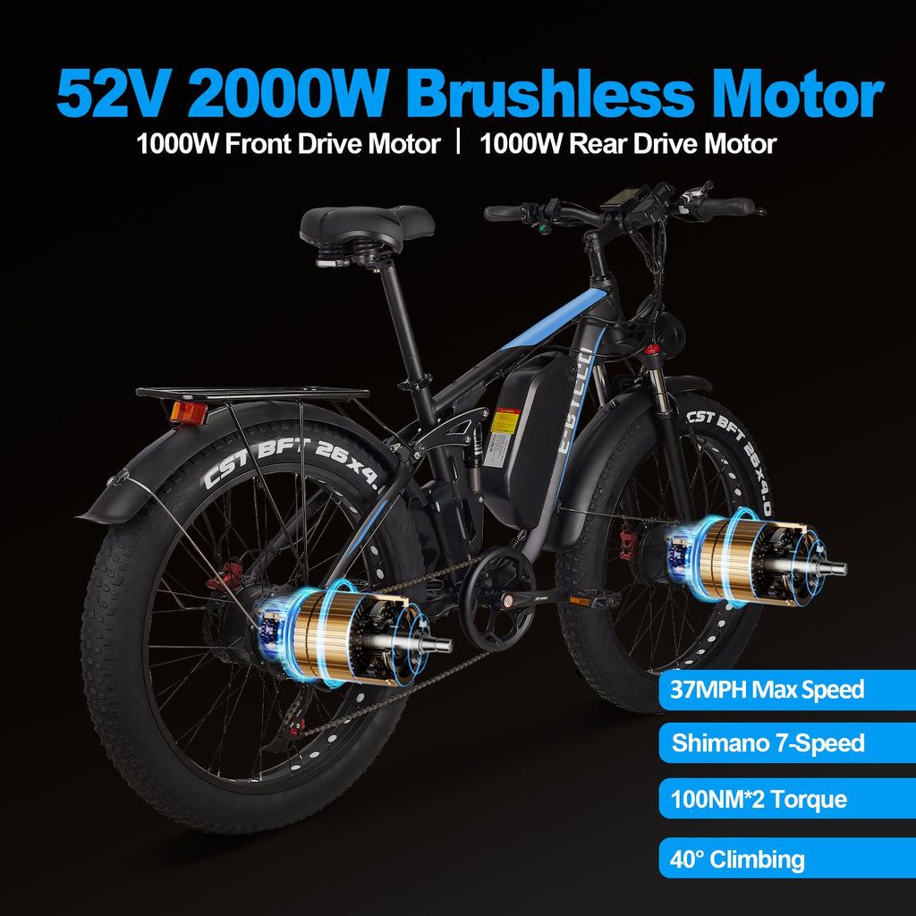 EBYCCO 26" EB7Pro Electric Bike 64 KM/H 2000W Peak 3000W 52V 32AH Battery